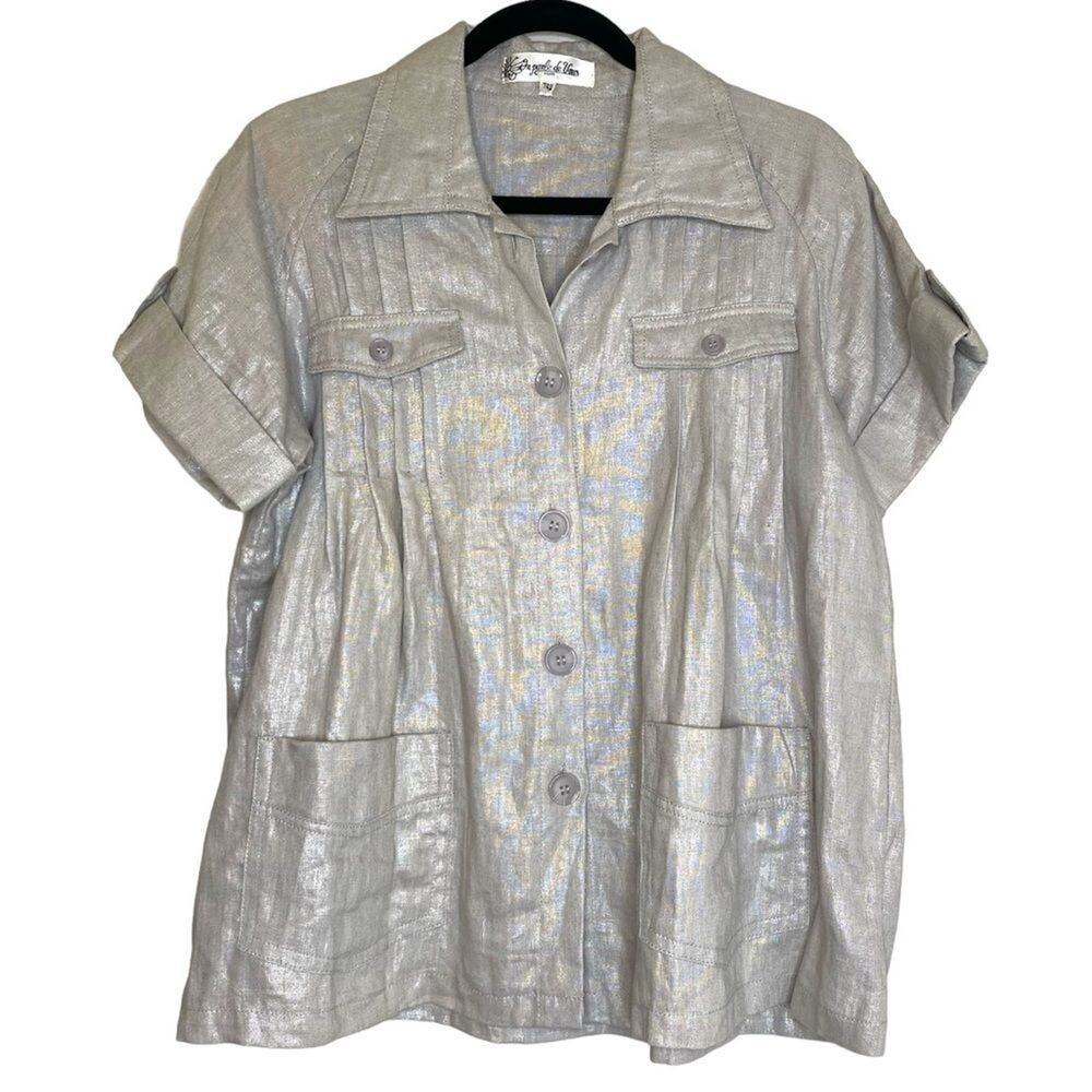 On Parle de Vous Paris Silver Metallic Linen Cotton Blend Lagenlook Top T42 XL